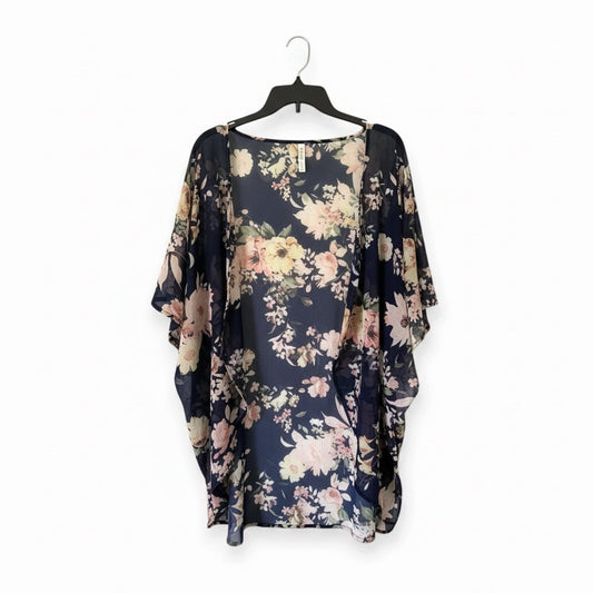 Navy Blue Floral Kimono Cardigan Chiffon Open Front Wide Sleeve Boho Duster OS