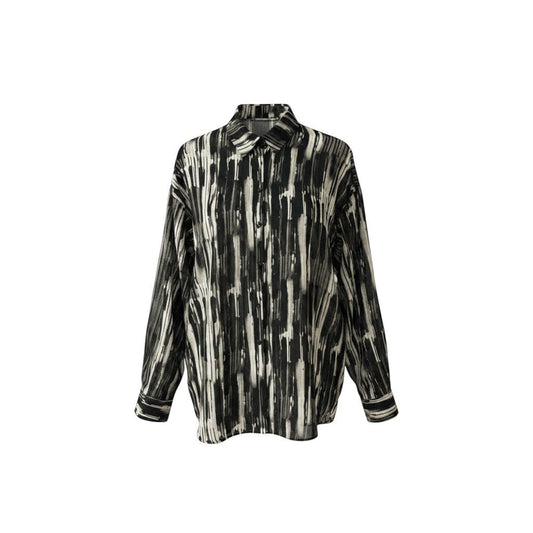 Triple H Treasures Worthington black and white abstract brushstroke print long sleeve button-up shirt for women.
