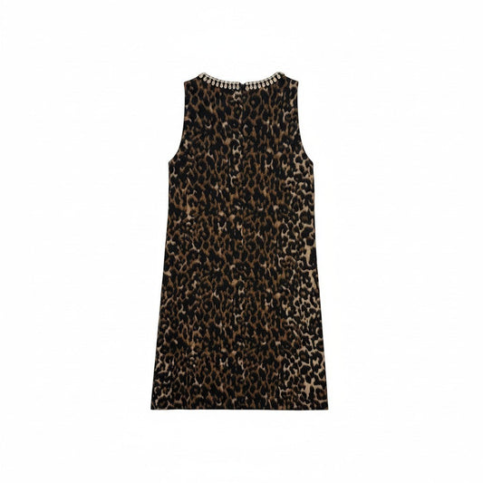 Triple H Treasures BCBG sleeveless dress with leopard animal print and crystal embellished neckline in size 14.