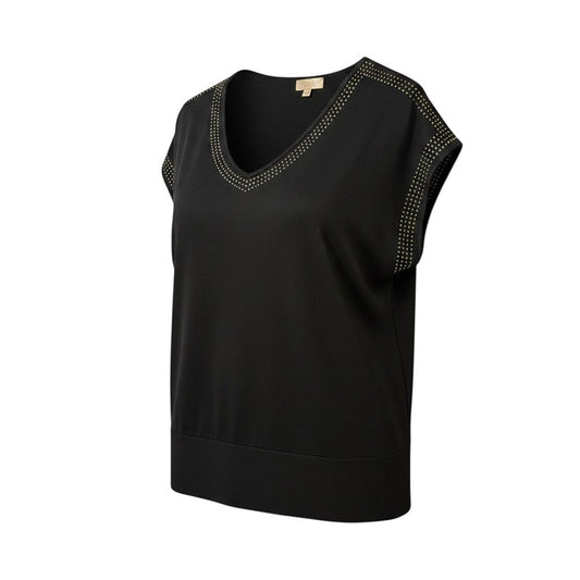 Triple H Treasures black polyester V-neck blouse with embellished trim and shoulders, size L.