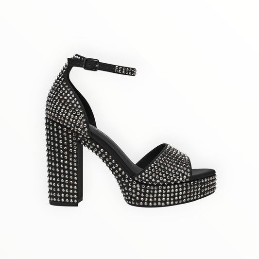 Triple H Treasures black platform block heel sandals embellished with silver studs, ankle strap, open toe.