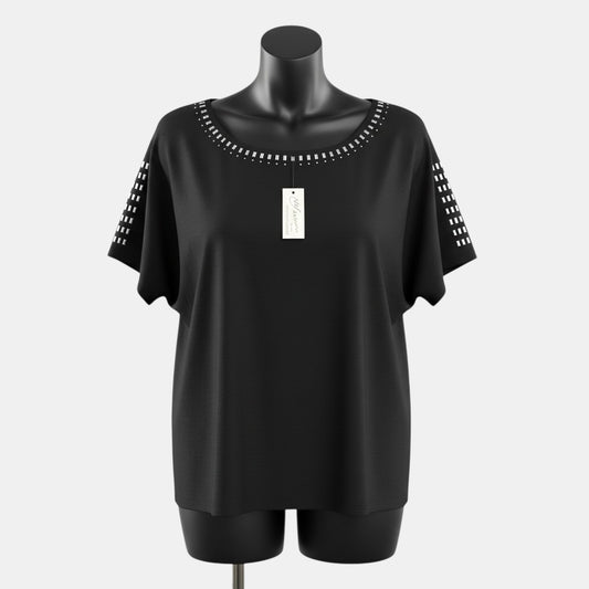 Triple H Treasures black short sleeve top with embellished neckline and sleeves, size 1X.
