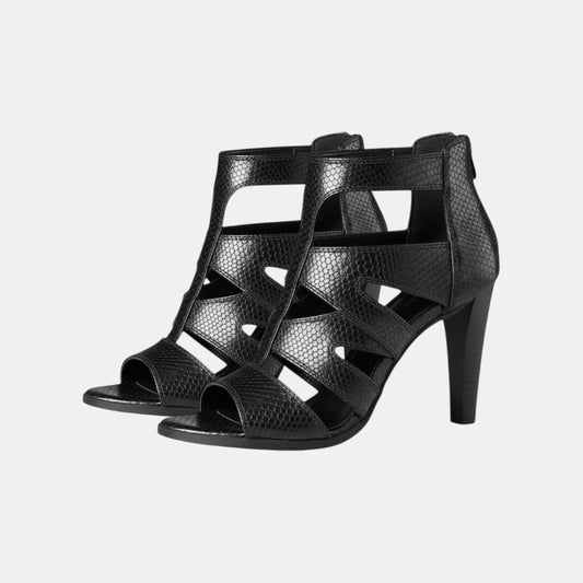 Triple H Treasures black faux leather strappy heels with dragon scale texture and block heel.