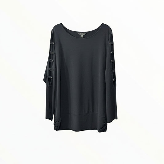 Triple H Treasures black polyester blouse with studded cut-out 3/4 sleeves and boat neckline. Size XXL.