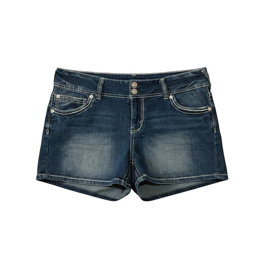 Triple H Treasures blue denim shorts with embroidered stars on back pockets, size 15.