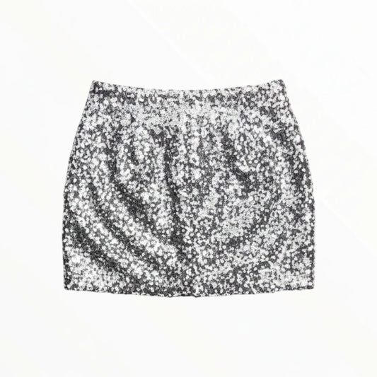 Triple H Treasures Women's black and silver sparkly sequin mini skirt, size large.