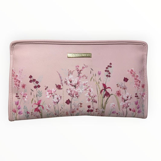 Triple H Treasures Vince Camuto blush pink cosmetic bag with delicate floral print and gold logo plaque