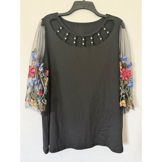 SheIn Plus Size 1XL Black Blouse Mesh 3/4 Sleeves Embroidered Floral Pearl Neck