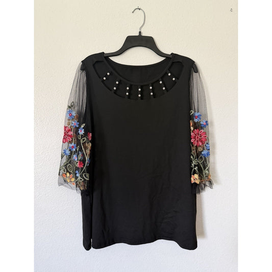 SheIn Plus Size 1XL Black Blouse Mesh 3/4 Sleeves Embroidered Floral Pearl Neck