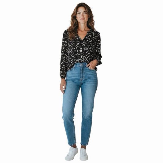 Dokotoo Black White Abstract Polka Dot Chiffon Blouse L Large Pleated Yoke