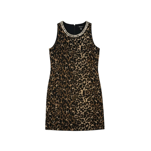 Triple H Treasures BCBG sleeveless dress with animal print and crystal-embellished neckline in neutral tones.
