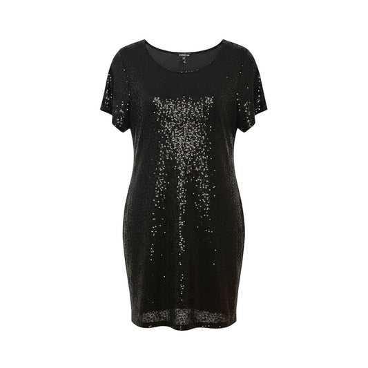 Triple H Treasures vintage Bebe black sequin mini dress with short sleeves and crew neckline for party wear.