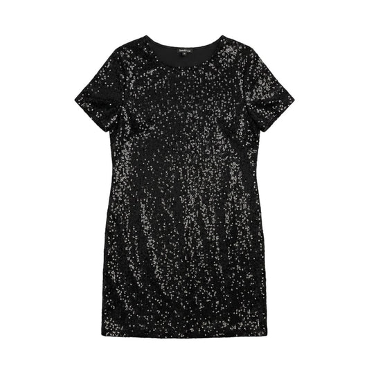 Triple H Treasures vintage Bebe black short sleeve mini dress featuring all-over shimmering sequin embellishments.