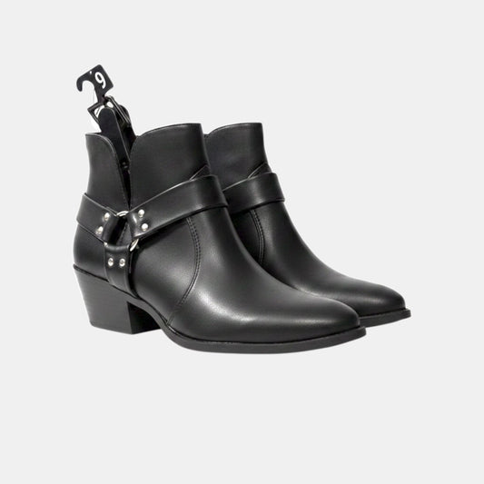 Triple H Treasures black faux leather ankle bootie with pointed toe, harness strap, and side zip. Size 9.