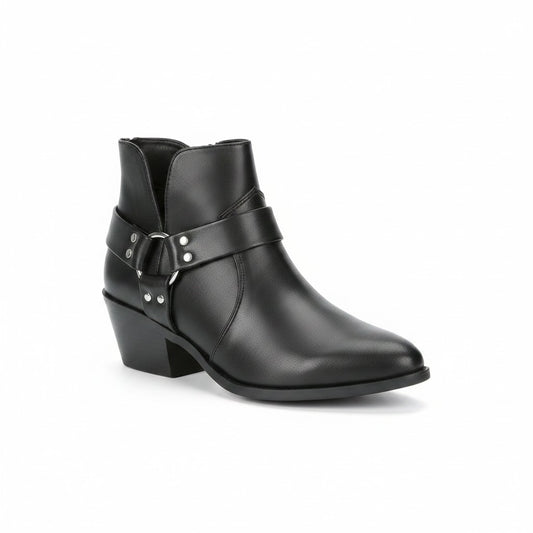Triple H Treasures black manmade ankle bootie with pointed toe, harness detail, side zip, and low heel.