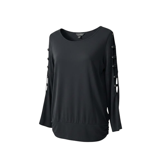 Triple H Treasures black long sleeve top with cut-out embellished sleeves and ruched hem, size XXL