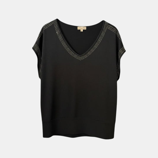 Triple H Treasures black polyester V-neck blouse with embellished trim and shoulders, size L.