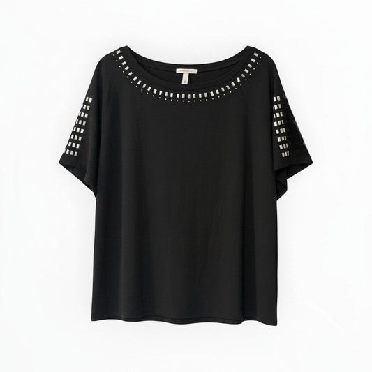 Triple H Treasures black short sleeve top with silver embellishments on scoop neck and sleeves, size 1X.