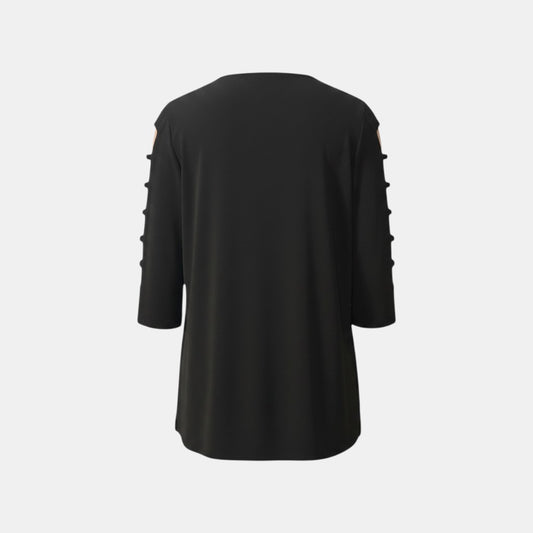 Triple H Treasures black 3/4 sleeve round neck shirt with ladder cutout detail on sleeves, size S.
