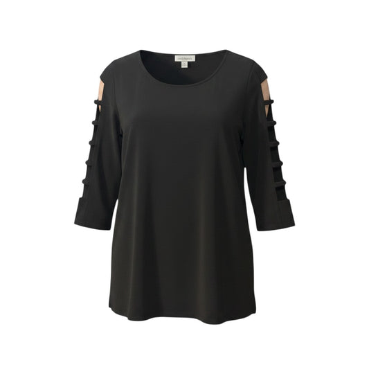 Triple H Treasures black spandex 3/4 sleeve round neck shirt with ladder cutout detail, size S.