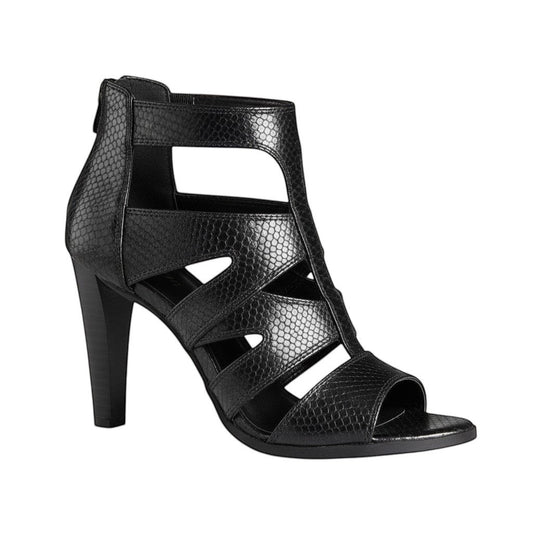 Triple H Treasures black faux leather strappy heels with dragon scale texture and high heel.