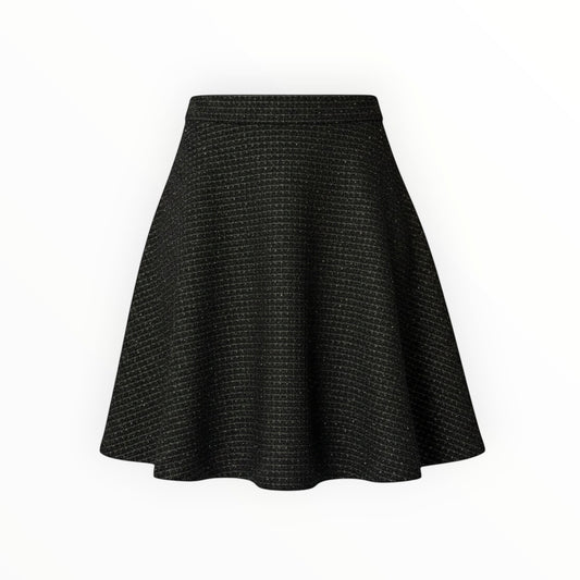 Triple H Treasures black textured A-line mini skirt with subtle metallic threads, size 14.