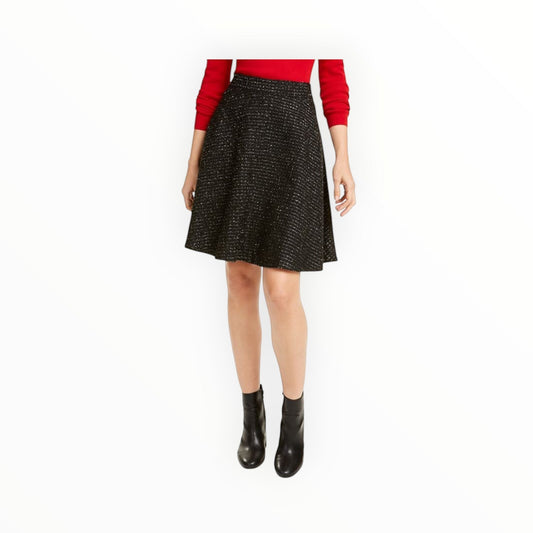 Triple H Treasures black textured A-line mini skirt with subtle metallic threads, size 14.