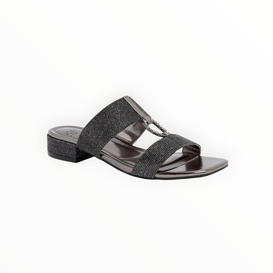 Triple H Treasures Women's charcoal grey embellished slide sandals with block heel and dual straps.