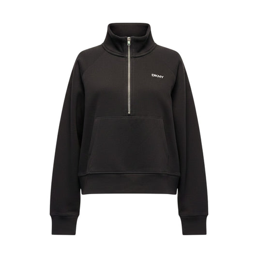 Triple H Treasures black cotton blend half-zip sweatshirt with DKNY logo and front pocket.
