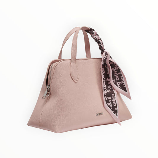 Triple H Treasures DKNY blush pink textured faux leather dome satchel handbag with logo scarf accent.