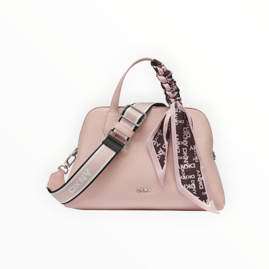 Triple H Treasures DKNY blush pink textured faux leather dome satchel handbag with logo scarf accent and adjustable strap.