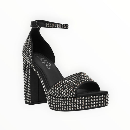 Triple H Treasures black platform block heel sandals embellished with silver studs, open toe, ankle strap.