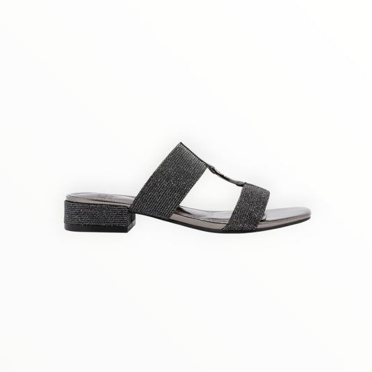 Triple H Treasures women's dark grey embellished slide sandals with block heel and dual straps. Textile upper.