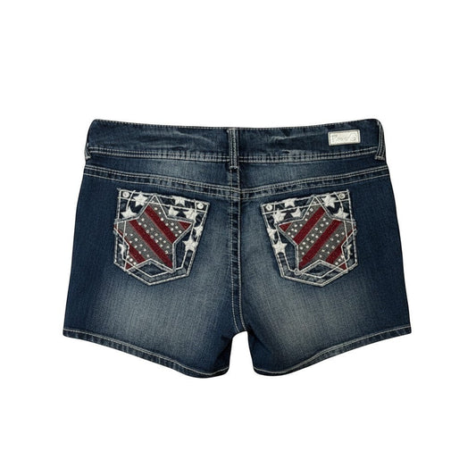 Triple H Treasures blue denim shorts with embroidered patriotic stars on back pockets, size 15.
