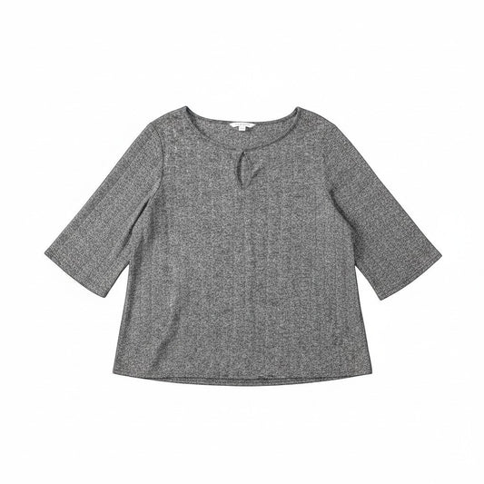 Triple H Treasures heathered grey knit top with three-quarter flared sleeves and boat neckline with keyhole detail. Size XL.