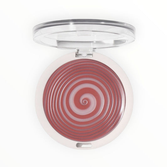 Triple H Treasures Hypnotized blush with a swirl pattern. Silky-smooth, buildable formula for cheeks, lips, and eyes.