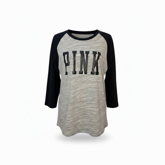Triple H Treasures Victoria's Secret PINK grey and black baseball tee with glitter logo and 3/4 sleeves in size XL
