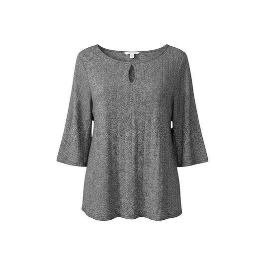 Triple H Treasures Women's heathered silver knit top with three-quarter bell sleeves and keyhole neckline.