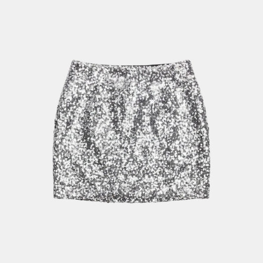 Triple H Treasures Women's silver sequin mini skirt with a body-hugging silhouette, perfect for parties.