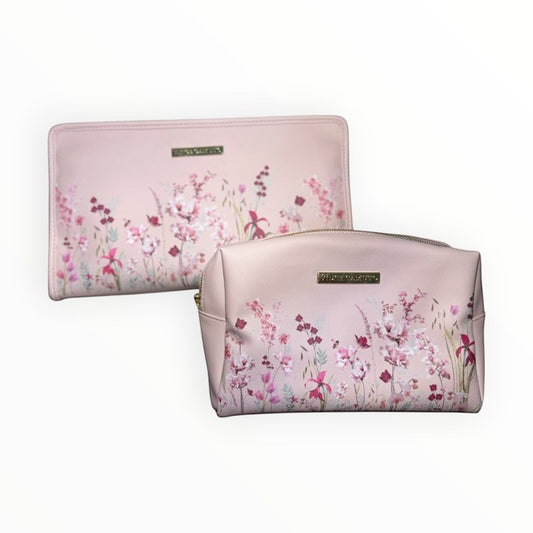 Triple H Treasures Vince Camuto blush pink floral cosmetic bag set with gold logo plaques and zipper closures.